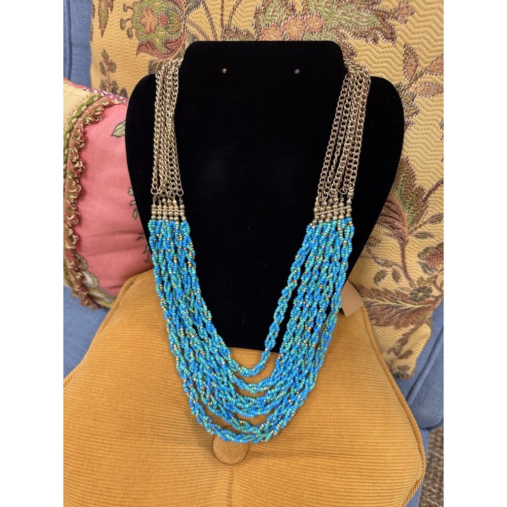 Talbots Seedbead Necklace Gold Tone Turquoise Blue Teal Multi Strand Boho Chic